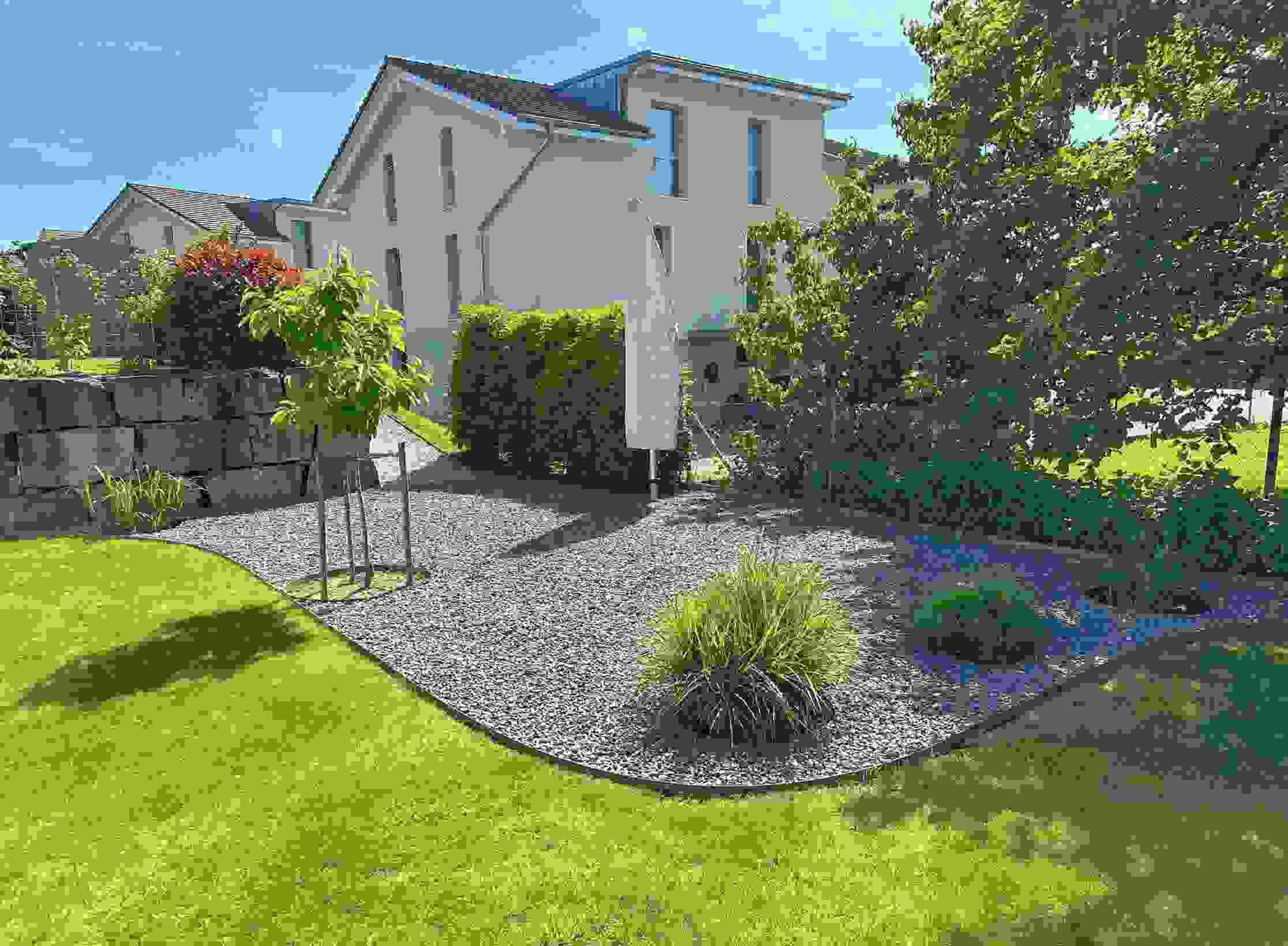 Privatgarten Murten – Eleganter Sitzbereich dank Gartenkiesfixierung